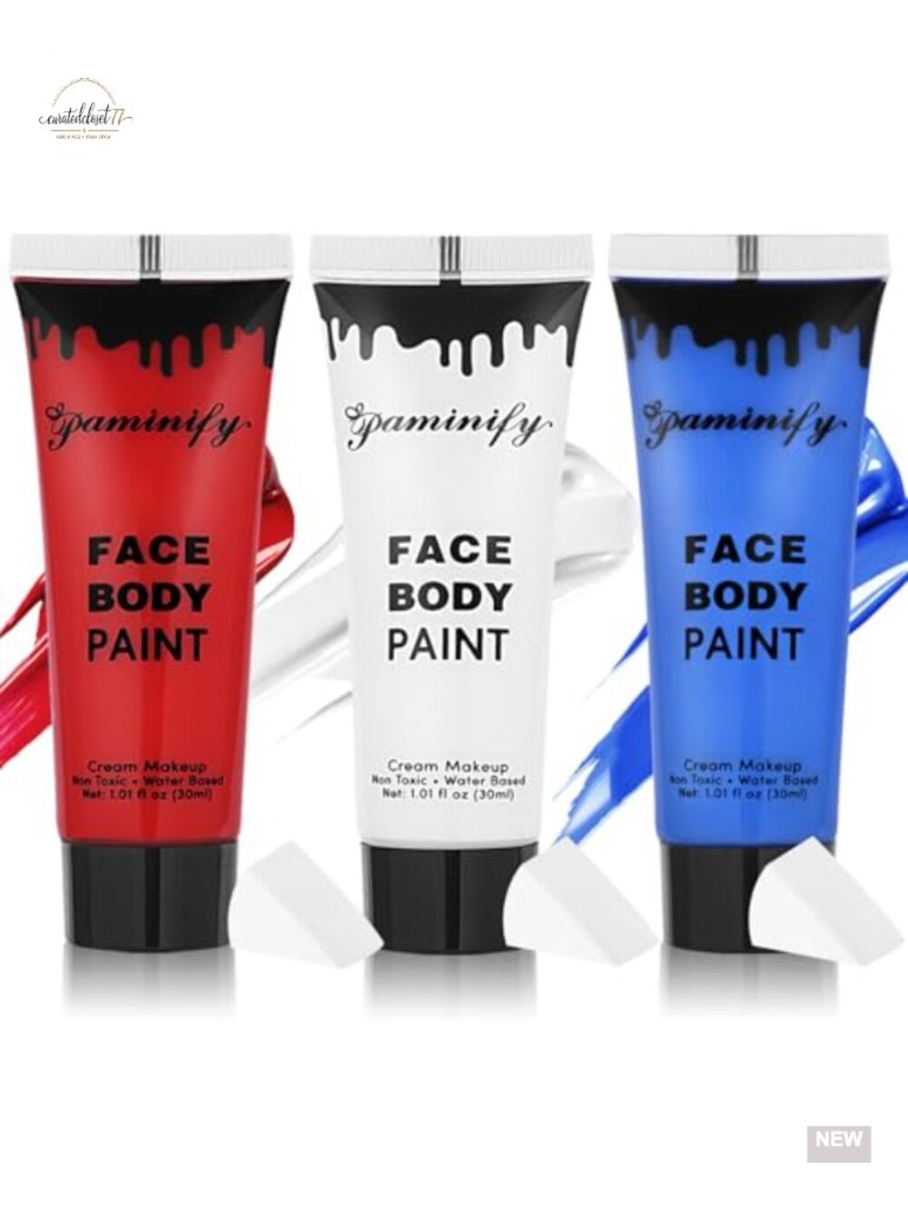 Water Based Face Body Paint Kit 3 Sponges 1.01oz Tubes